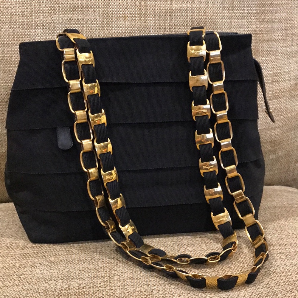 Vintage Salvatore Ferragamo Tiered Grosgrain Ribbon & Leather Bag, Unique Strap